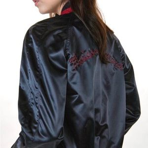 MAISON KITSUNE Black Two-Tone Varsity Teddy Applique Satin Bomber Jacket Sz M